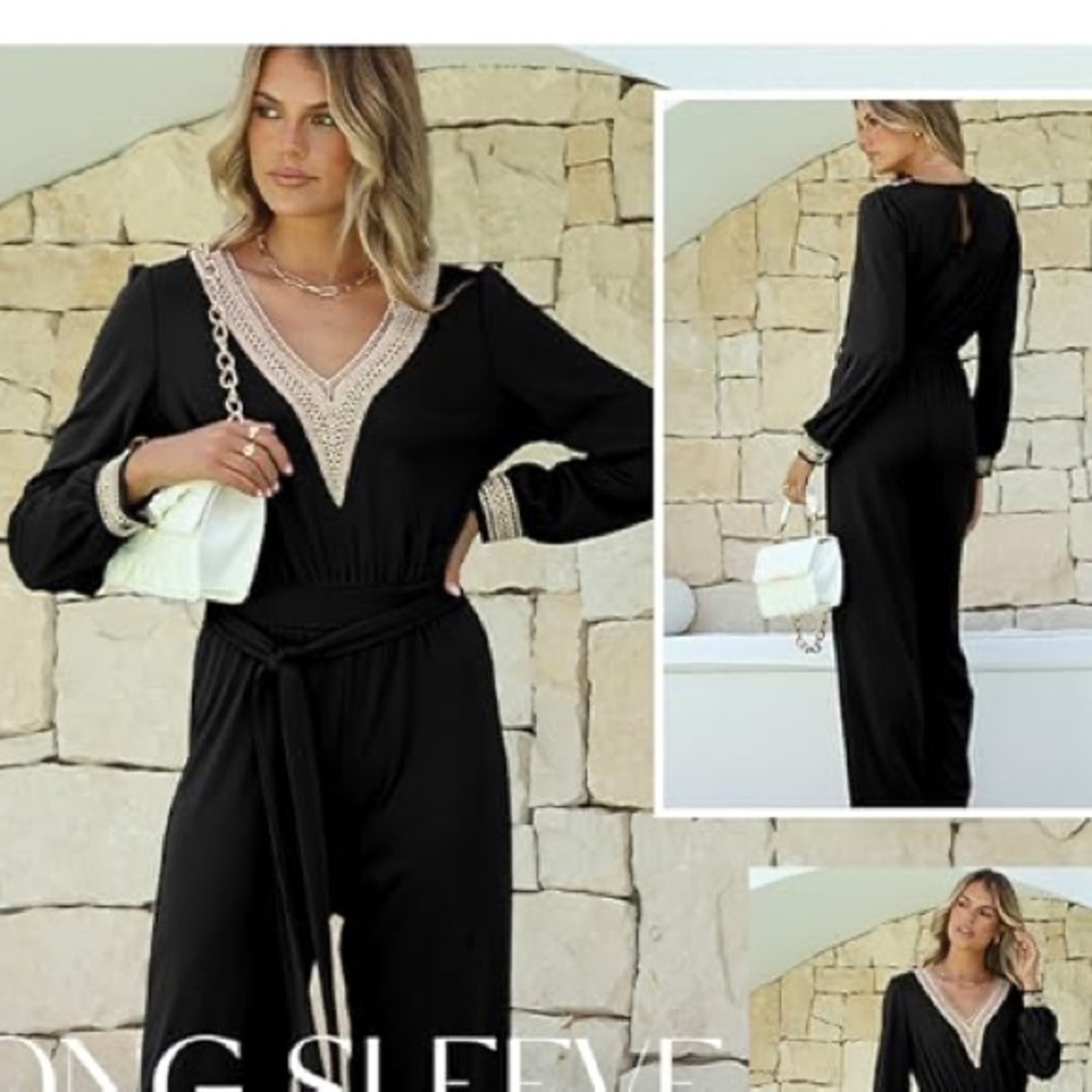 Happy Sailed Women's Lacey V-Neck Long Sleeve High Waist Wide Leg Pants Jumpsuit